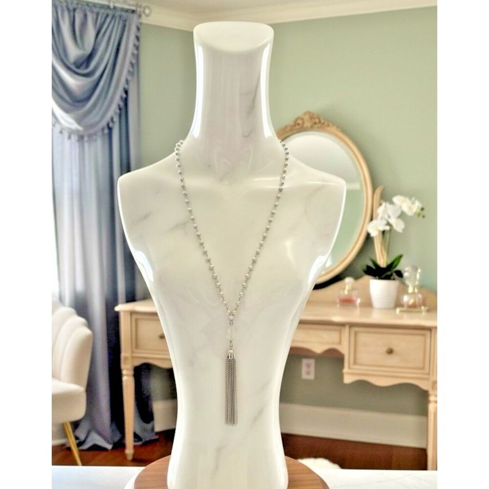 Silver Tone Rosary Style Necklace Tassel Pendant Long Chain